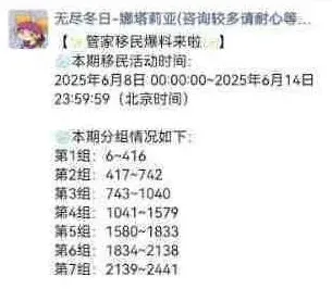 无尽冬日6月移民分组战力限制参考表